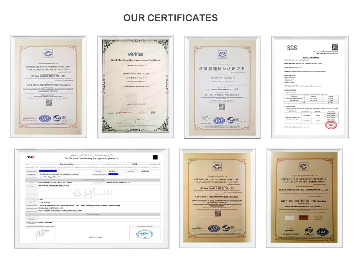 Jianhui Steel ISO9001 SGS, TUV, SABER, Certificate ,MTC